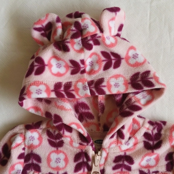 old navy pink floral fleece zip-up hoodie sweatshirt jacket 3-6 months baby girl - Picture 2 of 6